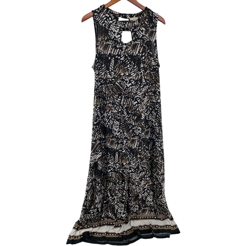 Sleeveless Maxi Dress Womens XL Black Tan Artsy Boho Abstract Print